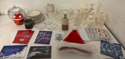 Apartment Starter Set: White Ceramic Nativity Set, 6-Piece with Camels & Wise Men, 8-10 Inch Figures, Glazed Finish, 2 Place Setting Dinner Set Including Plates, Salad Plates, Bowls And Cups, Various Christmas Cards