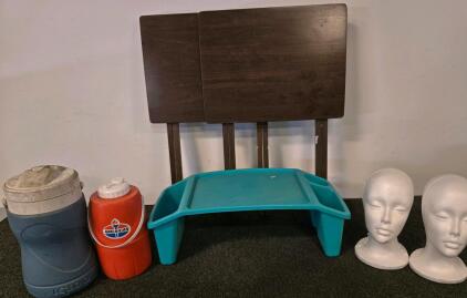 Household Lot: 2 Folding Tray Tables, Igloo & American Coolers, 2 Styrofoam Mannequin Heads, Lap Desk
