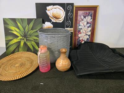 Mixed Lot Home D&eacute;cor - Botanical Art, Woven Basket, Car Mats, Vase, Water Bottle, Tray