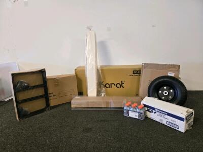 Mixed Pallet: Case of Husqvarna Oil, Karat Food Pails, 10" Pneumatic Wheel, Truck Organizer, Under Bed (Queen) Organizer
