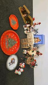 Vintage Christmas Decor Lot: Trays, Figurines, Nativity Set, and More