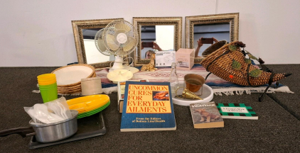 Home Decor, Kitchenware, & Books - Mirrors, Fan (Works), Printer, Plates, Basket, 4 Books