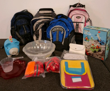 4 Backpacks, Kids Lunch Box, Piggy Bank Dishes, And More