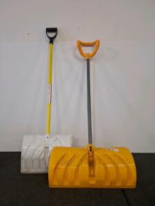 Manual Snow Pusher Shovels, 24-inch Blade, Poly Handle, D-Grip, Yellow & White