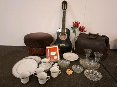 Estate Lot: kids MusicBasics Acoustic Guitar, Vintage Leather Bag, Glassware, Dishes, Stool & More