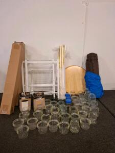 Bulk Household Lot: 36 Glass Jars, Car Mats, Hampton Bay Accent Lights, Turntable, Cart, picture frame parts.