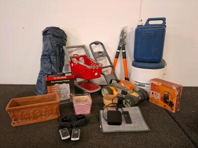 Large mixed lot, air mattress, two water containers for camping, new garden shears, kids toys and more
