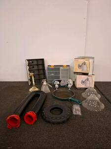 Mixed Lot: Retrospect 161367 Vanity Lights, Frying Pan, Organizer Cases, IDEAL Plugs, light fixture Parts