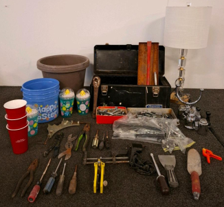Tool Box, Hand Tools, Lamp, Flower Pots, 3 "Happy Easter" Buckets, 3 Branded Party Cups, 3 Treat Cups, And More