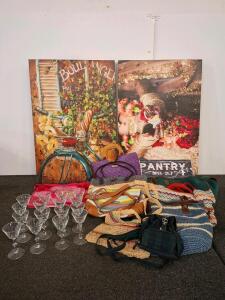 Large Mixed Decor Lot: 2 Canvas Wall Art Prints, 13 Martini Glasses, 8 Bags/Totes, Pantry Sign