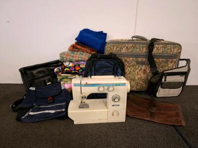 Necchi 535FA Mechanical Sewing Machine, 10 Stitch Patterns, 80W Motor, 110/120V (No Power Cord Unable To Test), Fleece Fabric Pieces Bags, And More
