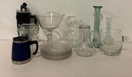 Assortment Of Glassware- Including Travel Mugs, Vases, Plates, And Pitchers