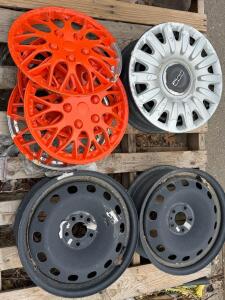 Fiat 500 15" OEM Wheel Cover & 2 Steel Rims, Multi-Spoke 15" Orange Hubcaps, 4-Lug Pattern
