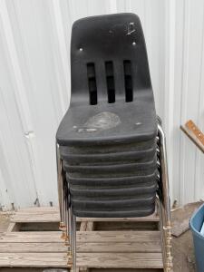 Black Stackable Plastic Chairs, Chrome Legs, Vented Back, Lot of 7, 17.5" Seat Height