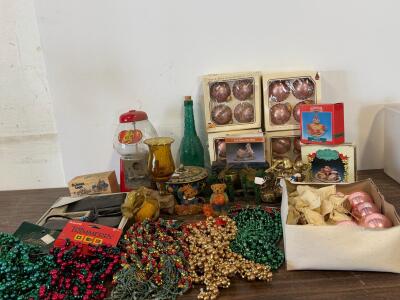 Vintage Decor Lot: Hand-Decorated Ornaments, Jelly Belly Gumball Machine, Tea Sets & More