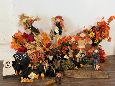Lot of 18+ Fall & Halloween Decor &ndash; Scarecrows, Pumpkins, Crows, Signs, Faux Florals, Mixed Media