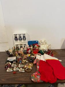 Large Assorted Christmas Ornaments & Decor Lot: Bradford, Dept 56, Plush, Stockings, 40+ Pieces