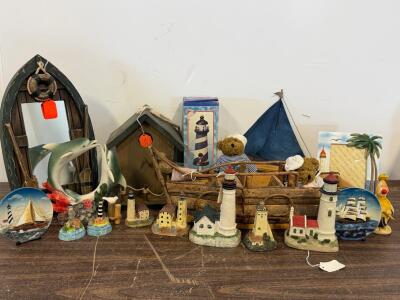 Large Nautical Decor Lot: Lighthouse Figurines, Sailor Bear Plush, Boats, Mirror & More (18 pcs)