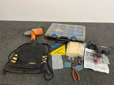 Chicago Electric 1/2" Impact Wrench, Drill Master Saw, Hand Tools, Organizer, Bag Lot
