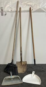 Misc hand tools, shovel, bow rake, broom, and two dust pans