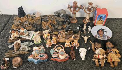 Native American & Southwestern Decor Lot &ndash; 27 Figurines, Dolls, Bears, Pottery, Boxed Figure