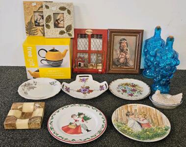 Vintage Decorative Plates, Blue Art Glass Grape Bottles, Frames, Teapot, Farm Decor Lot