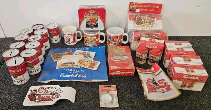 Campbell's Soup Collectibles Lot &mdash; 25+ Pieces, Ceramic Mugs, Coin Banks, Salt & Pepper Sets, 1991 Calendar