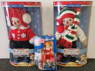 Raggedy Ann & Andy BrassKey Winter Keepsake 16" Dolls & 12" Knickerbocker Annie Porcelain Doll