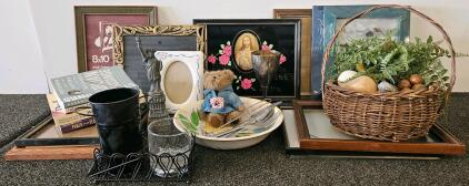 Mixed Lot Home Decor: 7 Vintage Frames, Basket w/ Faux Greenery, Goblet, Books & Collectibles