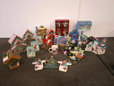 Assorted Holiday Decor Lot: 25+ Pieces Including Figurines, Ornaments, Village Houses, and More