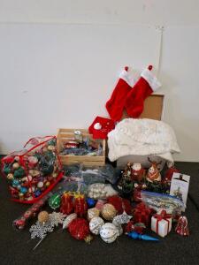 Large Assorted Christmas Decoration Lot &ndash; 100+ Ornaments, Lights, Stockings, Tree Skirt, Figures( E)