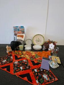 Large Lot Fall Table Linens, Grapevine Pumpkin Decor, 13-Piece Dishware & Quilted Runner