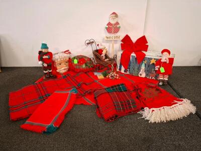 Vintage Christmas Decor Lot &ndash; 12+ Pieces, Plaid Textiles, Figurines, Wicker Sleigh, Santa Mask