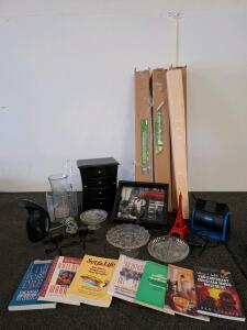 Large Mixed Household Lot: Steamer,tested and powered on. Air Cooler, untested, Books, Decor, Glassware, Candle Sconces,