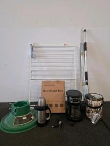 Trim A Home Green Ultimate Christmas Tree Stand, baby gate, coffee maker, (powered on) thermos and more