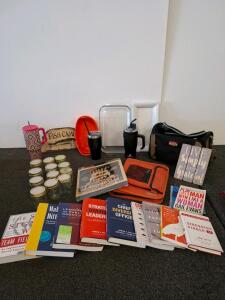Canning jars, binder, baking pan, serving trays, to go water bottles and more