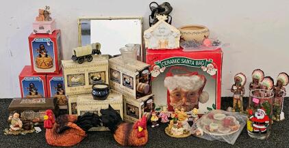 Vintage Collectibles Lot: Ceramic Santa Face Bag, 5 Sets of "Regal Rooster" Salt & Pepper Shakers, 3 "Indian Girl" Blind Box Collectibles, 4 Native American Chief Figurines, 2 Rooster Figurines, Wooden Jewelry Box, Small Ceramic Earring Box w/Bear Top, Bi