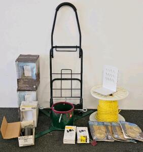 Mixed Electrical Hardware Lot: Lighting Fixtures, Yellow 12/2 NM-B Wire, Accessories, Tree Stand