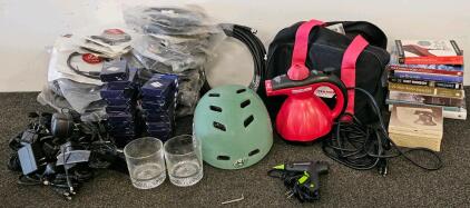 Scunci SS-1000 Portable Household Steamer with Accessories and Carry Bag, 900W, 120V (Confirmed Functional!) Hot Glue Gun(Confirmed Functional!), Liberty Bell Replica, Halo Brand Bike Helmet, Set of 2 Chivas Regal Glasses, 8 Assorted Books, 18 Lithium Bat