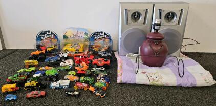 Large Lot of Disney Wild Racers & Die-Cast Toy Cars - 1:64 Scale, 3 Carded, 26 Loose. Lamp, speaker set and more.