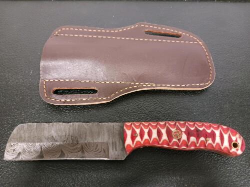 Custom Fixed-Blade Knife, Pattern-Welded Blade, Red Resin Handle, Mosaic Pin, Leather Sheath