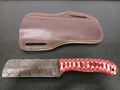 Custom Fixed-Blade Knife, Pattern-Welded Blade, Red Resin Handle, Mosaic Pin, Leather Sheath