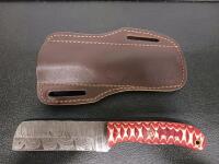 Custom Fixed-Blade Knife, Pattern-Welded Blade, Red Resin Handle, Mosaic Pin, Leather Sheath - 2