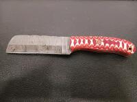 Custom Fixed-Blade Knife, Pattern-Welded Blade, Red Resin Handle, Mosaic Pin, Leather Sheath - 3