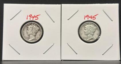 (2) 1945 Mercury Dimes &ndash; 90% Silver, San Francisco Mint Mark, Winged Liberty Design, Circulated