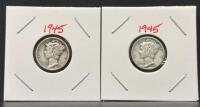 (2) 1945 Mercury Dimes &ndash; 90% Silver, San Francisco Mint Mark, Winged Liberty Design, Circulated