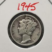 (2) 1945 Mercury Dimes &ndash; 90% Silver, San Francisco Mint Mark, Winged Liberty Design, Circulated - 2