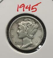(2) 1945 Mercury Dimes &ndash; 90% Silver, San Francisco Mint Mark, Winged Liberty Design, Circulated - 3
