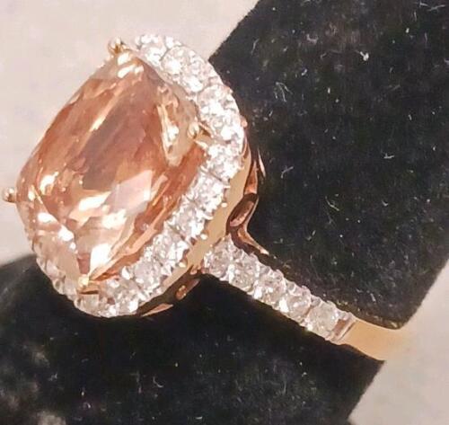 14K Rose Gold Halo Ring, 3.93Ct Cushion Morganite, 0.59Ct Diamonds, GemAssure Appraisal, $8,370 Value