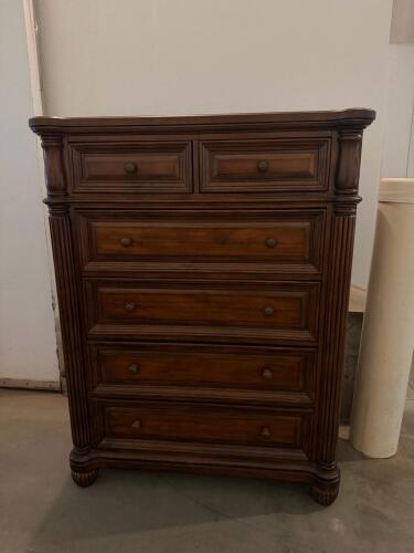5-Drawer Solid Wood Chest Of Drawers, Medium-Dark Finish, Ornate Columns, Brass Hardware
